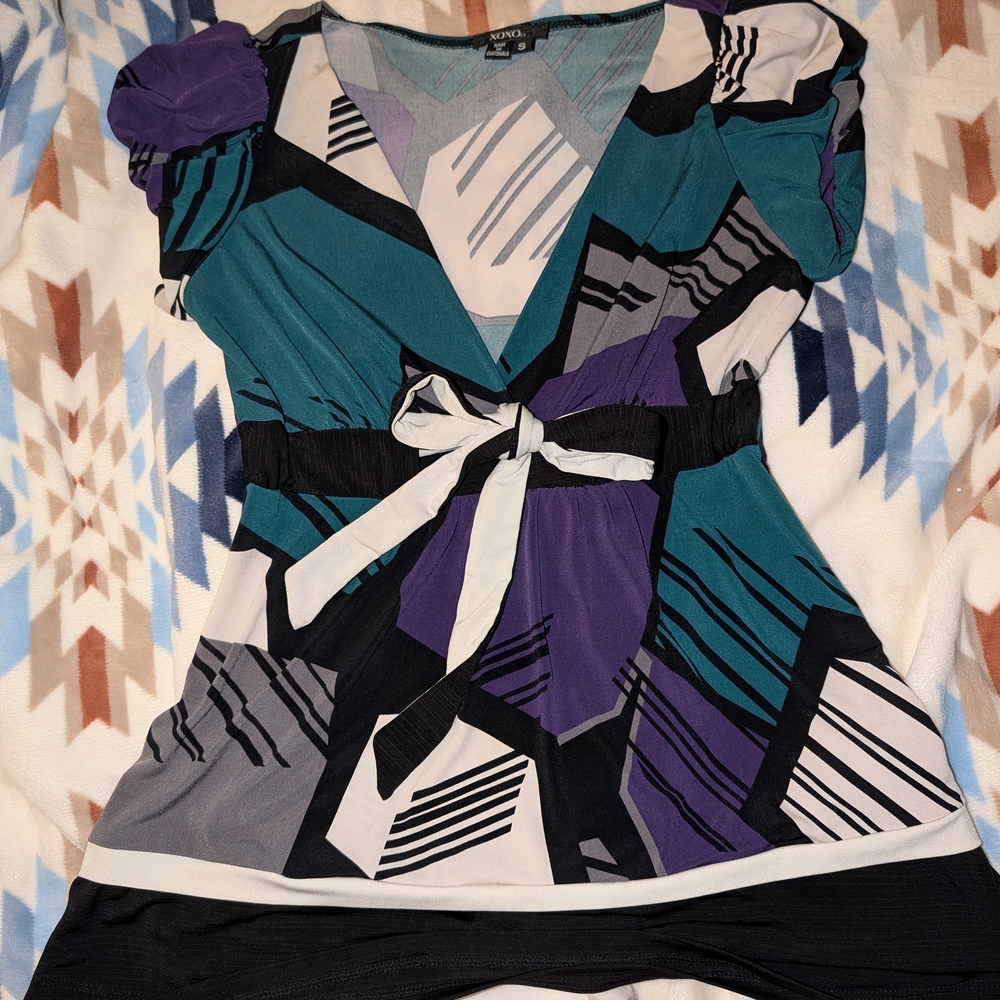 Kenar Teal and Purple Geometric Blouse